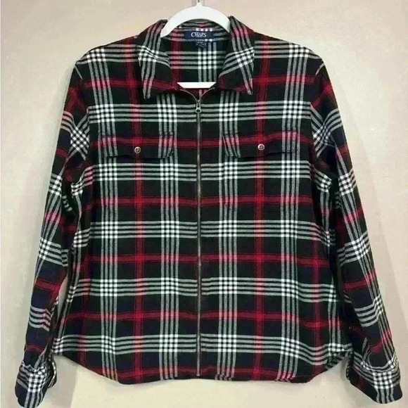 Chaps black red white plaid zip up flannel shirt jacket shacket size XL petite - Picture 1 of 10